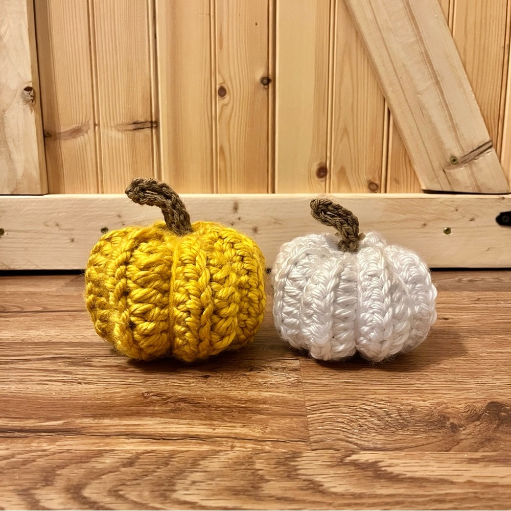 Set of 2 Handmade Yellow and White Crochet Pumpkins